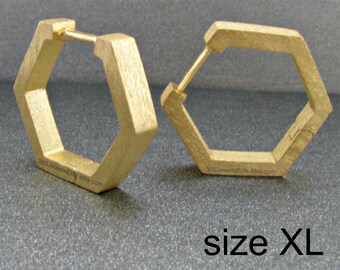 XL Mens Earrings - Gold Plated Hexagon Hoop Earrings for Men - Extra Large Male Etsy Earrings - Yellow Gold Geometric XL Earrings  E250MYXL