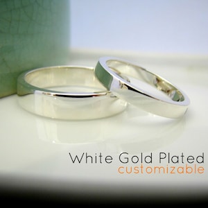 Set of 2 Wedding Rings - Rhodium White Gold Plated over 925 Sterling Silver - Simple Flat Tube Ring - Polished Shiny Finish - Customizable