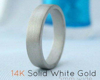 Solid White Gold Wedding Band - 5mm wide Flat Square Ring - Brushed Matte Finish - For Men or Women