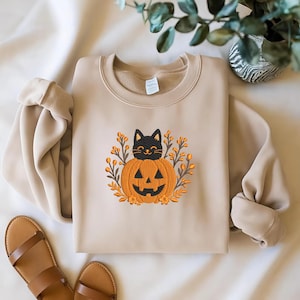 Halloween Cat Pumpkin Embroidery Design, Black Cat Jack O Lantern Fall Embroidery File, Cute Autumn Pumpkin Digital Download