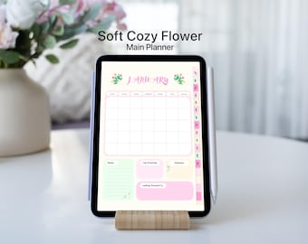 Zachte, gezellige digitale planner met bloem | Niet-gedateerde gelinkte GoodNotes-planner voor iPad