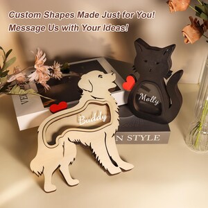 Puede incluir: Cajas decorativas de madera con forma de perro y gato. El perro es de color claro con el nombre "Buddy" y el gato es negro con el nombre "Molly". Ambos tienen un corazón. El texto dice "Custom Shapes Made Just for You! Message Us with Your Ideas!"
