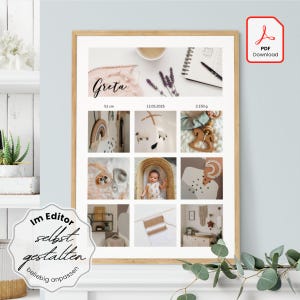 Puede incluir: Un anuncio de bebé enmarcado con un marco de madera clara. El anuncio incluye un collage de artículos para bebés, el nombre del bebé, medidas y el texto "PDF Download". También es visible el texto "Im Editor selbst gestalten beliebig anpassen".