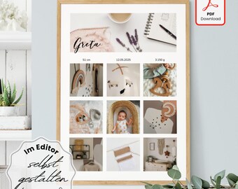 May include: A framed baby announcement with a light wood frame. The announcement includes a collage of baby-related items, a baby's name, measurements, and the text "PDF Download". The text "Im Editor selbst gestalten beliebig anpassen" is also visible.
