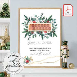 Könnte beinhalten: Ein gerahmter Druck mit festlichem Design. Das Kunstwerk zeigt ein Blumenarrangement mit der Zahl "1000000" in der Mitte. Der Text enthält "Frohe Weihnachten" und "PDF Download". Ein Nussknacker und Ornamente sind im Hintergrund.