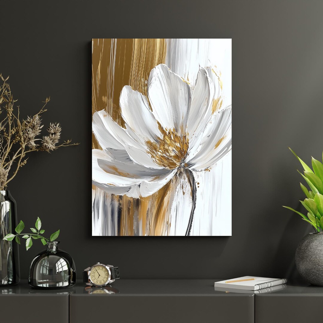 Elegant White & Gold Flower Canvas Wall Art – Textured Oil Painting ...
