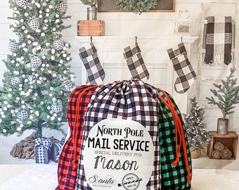 Buffalo Plaid Santa Bag, Personalized Santa Sack, Bag for Presents, Christmas Gift, Family Christmas Gift, Matching Christmas Stocking Bags