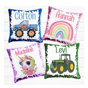 Personalized Sequin Pillow Cases | Unicorn | Princess | Superhero | Dinosaur | Monster Truck | Christmas Gift for Boys and Girls | Sequence