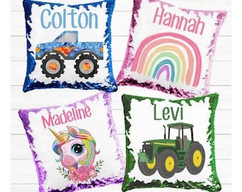 Personalized Sequin Pillow Cases | Unicorn | Princess | Superhero | Dinosaur | Monster Truck | Christmas Gift for Boys and Girls | Sequence