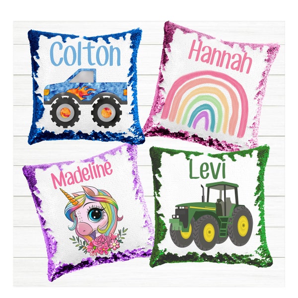 Personalized Sequin Pillow Cases | Unicorn | Princess | Superhero | Dinosaur | Monster Truck | Christmas Gift for Boys and Girls | Sequence