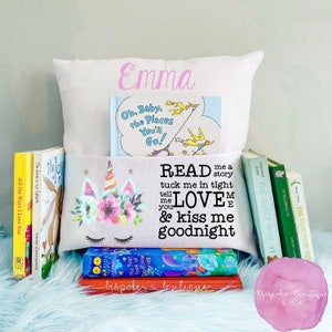 Personalized Unicorn Book Pillow with Pocket, Girls Reading Pillow