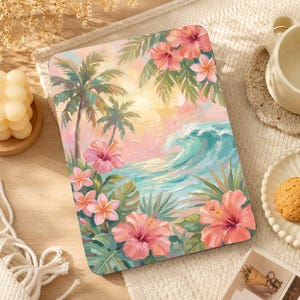May include: A rectangular tablet case featuring a vibrant oil painting style print of a tropical beach scene. The artwork displays pink hibiscus flowers, green palm leaves, a turquoise ocean wave, and a soft yellow sunset sky background.