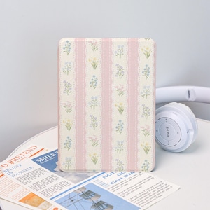 May include: A rectangular case with a floral pattern in pastel colors. The case features a repeating design of small flowers in blue, yellow, and pink, set against a pink and white striped background. A pair of white wireless headphones rests nearby.