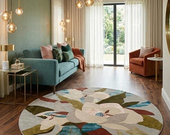 Hand Tufted Floral Round Rug – Modern Botanical Wool Area Rug