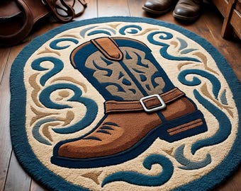 Alfombra de bota de vaquero hecha a mano con decoración de rancho occidental y mechones
