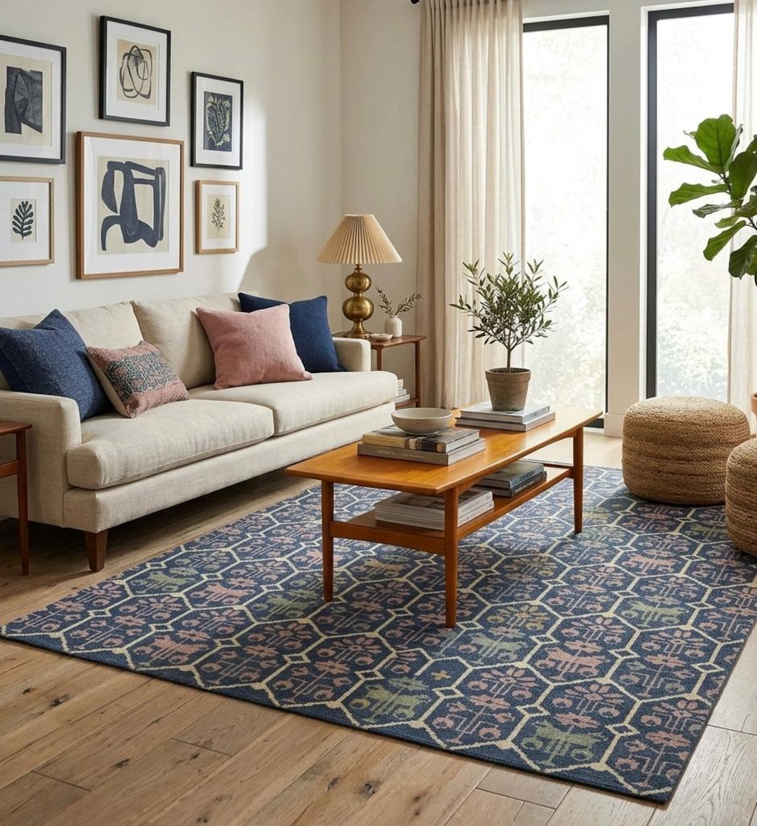 Hand Knotted Geometric Trellis Rug Navy Blue Wool Area Rug for