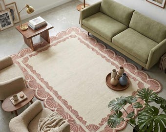 Hand Tufted Wool Area Rug | Soft Blush Pink Art Border Carpet