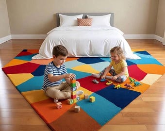 Tapete geométrico de lã tufado à mão, tapete abstrato multicolorido, decoração moderna para piso.