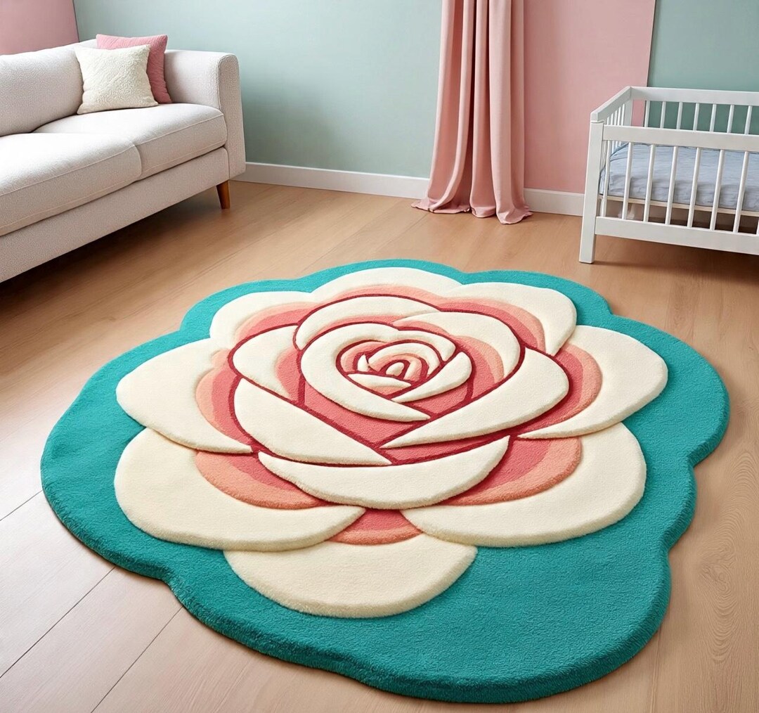 Hand Tufted Rose Pink & Teal Floral Nursery Wool Area Rug - Etsy