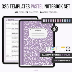 May include: A digital notebook set with a pastel theme. The image shows a tablet displaying a notebook with a lavender cover and white speckles. The text on the image says "325 Templates", "346 Pages", and "240 Free Stickers".