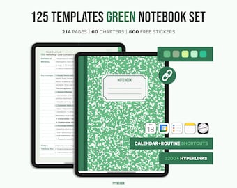 May include: Digital notebook set with 125 templates. The green notebook has a speckled design and the word "NOTEBOOK" on the cover. Includes 214 pages, 60 chapters, 800 free stickers, calendar shortcuts, and over 3200 hyperlinks.