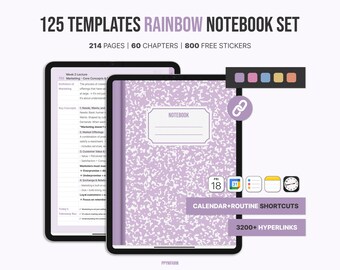 May include: A digital notebook set on a tablet, featuring a lavender cover with a white speckled pattern. The image includes the text "125 TEMPLATES RAINBOW NOTEBOOK SET" and "214 PAGES | 60 CHAPTERS | 800 FREE STICKERS". Additional features include calendar shortcuts and over 3200 hyperlinks.