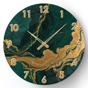 Dark Green Gold Pattern Glass Wall Clock, Living room decoration, Home Office Decor, Artistic fluid painting clock, Silent clock, Wall clock