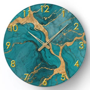 Blue And Green Gilded Marble Wall Clock, Home Silent Clock, Modern Simple Wall Clock, Clock, Abstract Marble Clocks, Wall Clocks Epoxy
