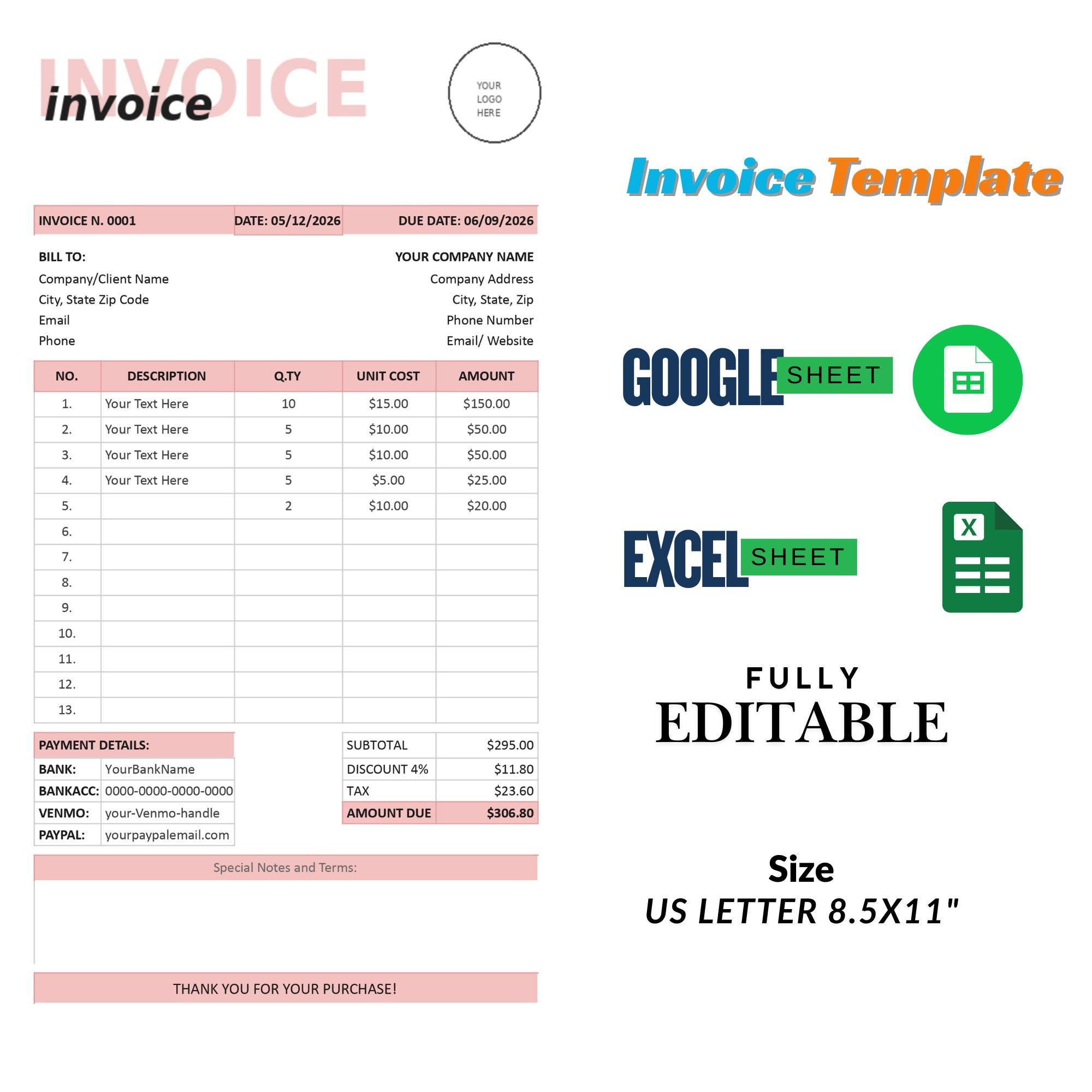 Editable Invoice Template Google Sheets & Excel | Professional Business ...