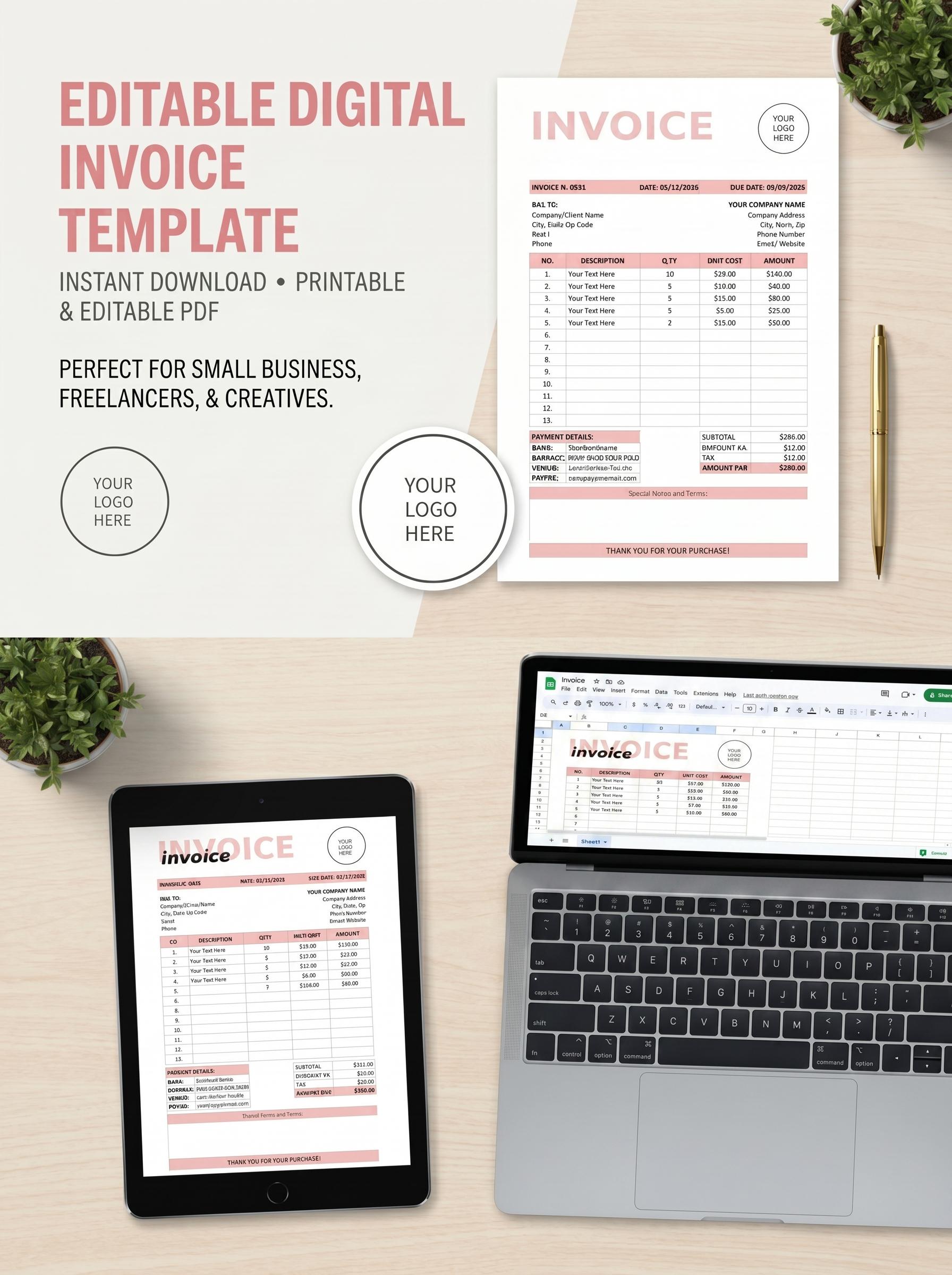 Editable Invoice Template Google Sheets & Excel | Professional Business ...