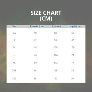 May include: Size chart in centimeters for clothing. The chart shows sizes XS through 3XL with corresponding measurements for shoulder, bust, and length.