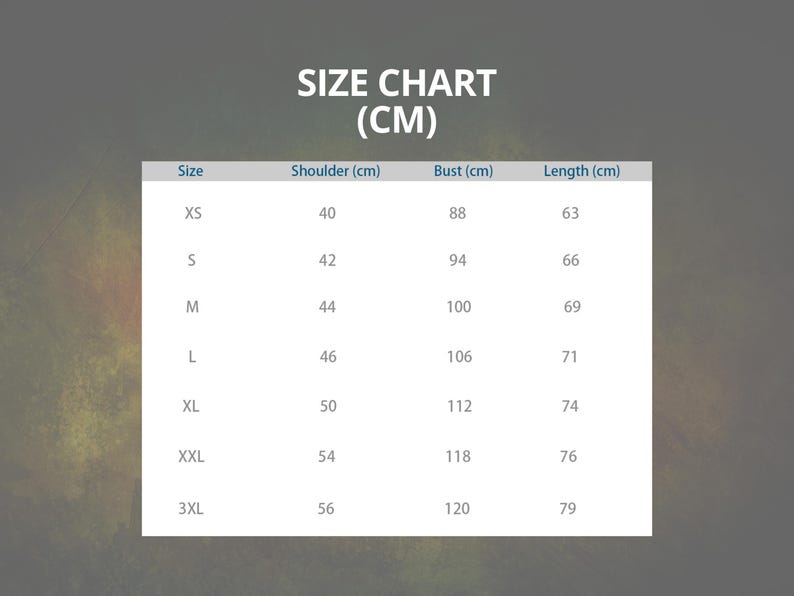 May include: Size chart in centimeters for clothing. The chart shows sizes XS through 3XL with corresponding measurements for shoulder, bust, and length.