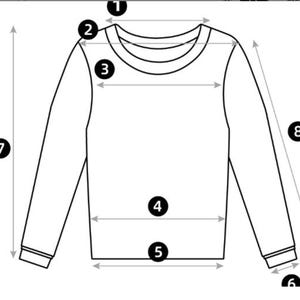 May include: Diagram of a long-sleeved shirt with measurements indicated. The illustration shows the neckline, shoulder width, chest width, waist width, sleeve length, and cuff width. The shirt is depicted in a simple black and white style.