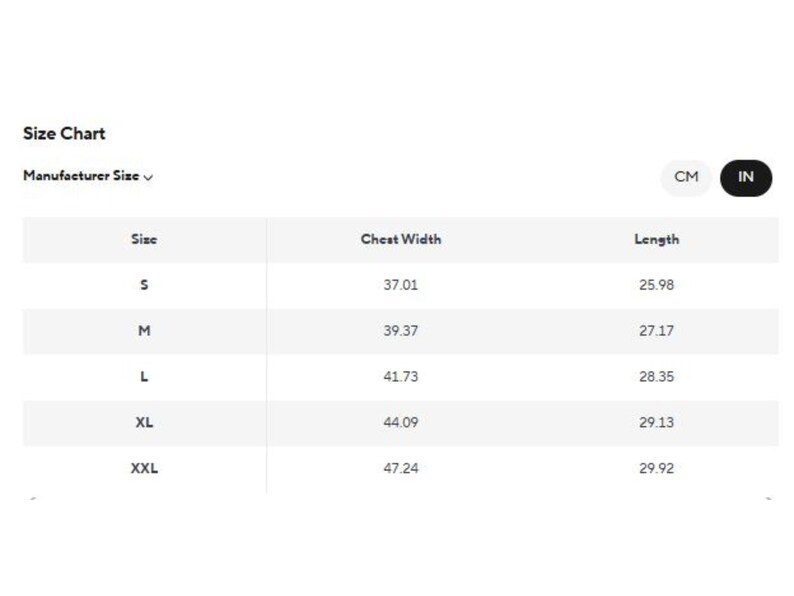 May include: A white size chart with measurements in inches for chest width and length. The chart includes sizes S, M, L, XL, and XXL, with corresponding measurements. The chart also has a button to switch between CM and IN.