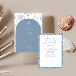 Elegante Küstenhochzeitseinladung, Ozeanwellen-Thema, Beachy Canva-Vorlage, bearbeitbare Strandhochzeitseinladung, Muschel einladen