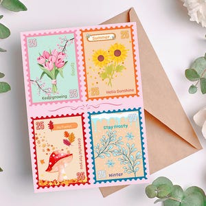 Biglietto d'auguri con francobolli stagionali, biglietto motivazionale A6 con affermazioni, biglietto carino e colorato "Just Because", con busta