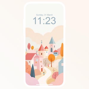 May include: A smartphone screen showing a digital clock displaying the time 11:23 and the date Sunday, 31 March. The background image is a cartoon illustration of a small town with pink and white buildings, trees, and a winding path.