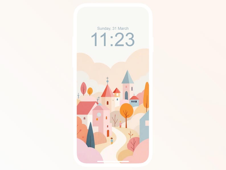 May include: A smartphone screen showing a digital clock displaying the time 11:23 and the date Sunday, 31 March. The background image is a cartoon illustration of a small town with pink and white buildings, trees, and a winding path.
