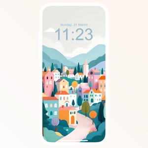 May include: A colourful illustration of a small town with houses, trees, and a road. The time is 11:23 on Sunday, 31st March.