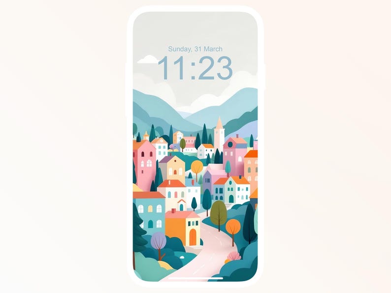 May include: A colourful illustration of a small town with houses, trees, and a road. The time is 11:23 on Sunday, 31st March.