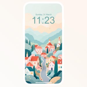 May include: A phone screen showing a digital clock displaying the time 11:23 and the date Sunday, 31 March. The background is a colourful illustration of a small town with houses, trees, and a winding road.
