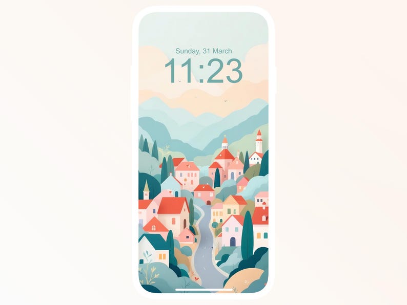 May include: A phone screen showing a digital clock displaying the time 11:23 and the date Sunday, 31 March. The background is a colourful illustration of a small town with houses, trees, and a winding road.