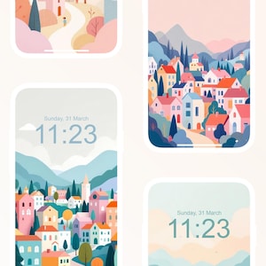 May include: Four different phone screen designs featuring a colourful illustration of a town with houses, trees, and a winding road. The time is displayed as 11:23 on each screen, with the date "Sunday, 31 March" shown on three of the screens.