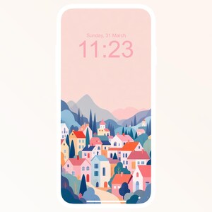 May include: A phone screen showing a colourful illustration of a small town nestled in a valley with mountains in the background. The time is 11:23 and the date is Sunday, 31 March.