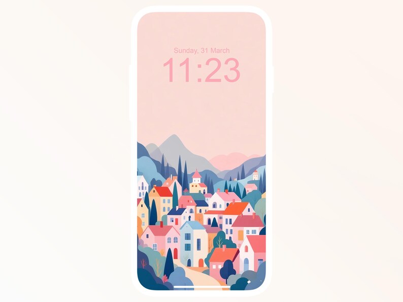 May include: A phone screen showing a colourful illustration of a small town nestled in a valley with mountains in the background. The time is 11:23 and the date is Sunday, 31 March.