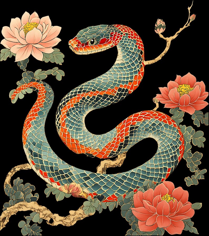 Asian Snake Pattern File PNG Oriental Snake Art - Serpent With Lotus and Peony Flowers ...