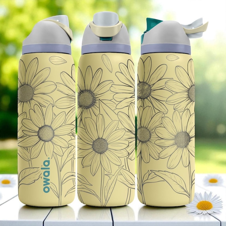 Daisy Floral Engraved Owala Tumbler – 16oz 24oz 32oz 40oz Yellow Wildflower FreeSip Cup – Cottagecore Gift image 1