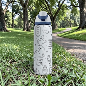 May include: White and blue water bottle with a running theme. The bottle features illustrations of a runner, a baseball cap, and text that reads "Run Your Own Race" and "Discipline Today Success Tomorrow".