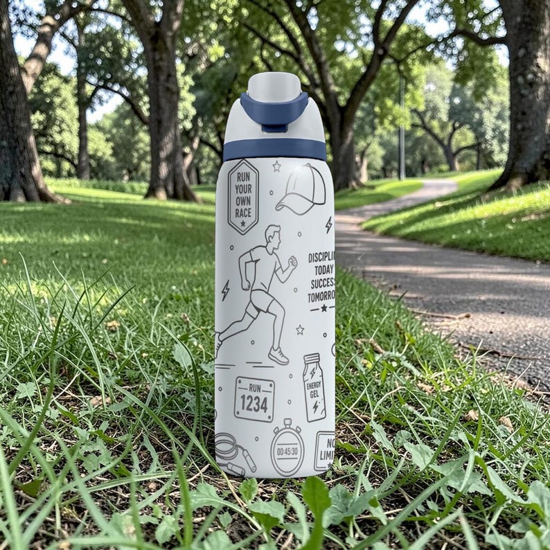 May include: White and blue water bottle with a running theme. The bottle features illustrations of a runner, a baseball cap, and text that reads "Run Your Own Race" and "Discipline Today Success Tomorrow".