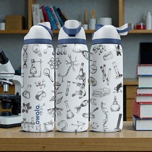 May include: Three white Owala water bottles with dark blue lids and a repeating black line art pattern featuring various scientific illustrations such as microscopes, DNA strands, beakers, test tubes, atoms, and books on a light background.